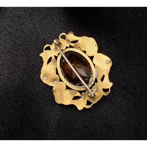 Antique Early 20th Century Gold-Tone Brooch With Amber Oval Glass Stone & Floral - Picture 5 of 6